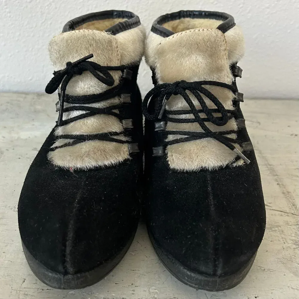 Vintage 70s Yodelers Aspen Black Suede Faux Fur Apres Ski Snow Ankle Boots 7